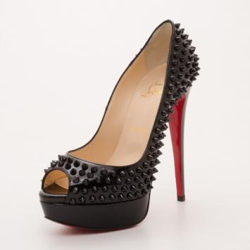 Christian Louboutin Black Patent Peep Toe Spike Pumps Size 38