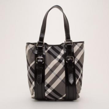 Burberry Black and White Nylon Nova Check Patent Trim Tote 