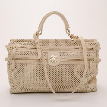 Roberto Cavalli Cream Grande Diva Perforated Leather Doctor Bag 