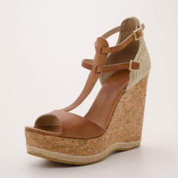 Jimmy Choo Preya Leather and Raffia Wedge Sandals Size 40.5