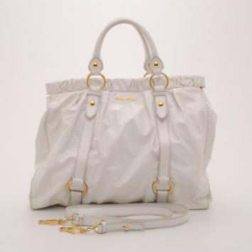 Miu Miu White Vitello Lux Leather Ruched Satchel