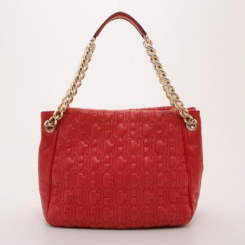 Carolina Herrera Red Monogram Embossed Chain Handle Tote 
