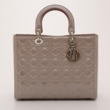Christian Dior Grey Patent Leather Large 'Lady Dior' Bag