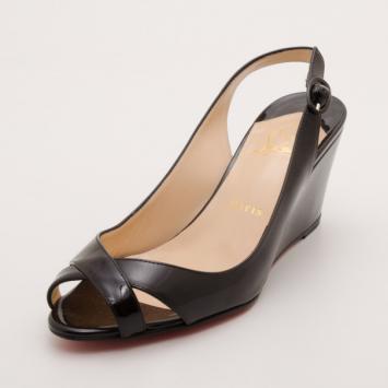 Christian Louboutin Black Patent Peep Toe Wedges Size 38.5
