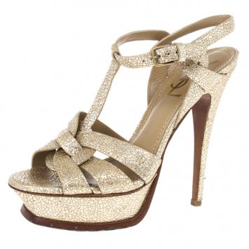 Saint Laurent Paris Gold Metallic Embossed Tribute Sandals Size 37