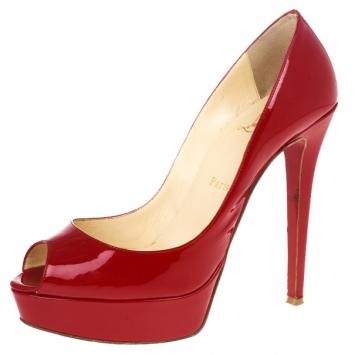 Christian Louboutin Red Patent Lady Peep Platform Pumps Size 38