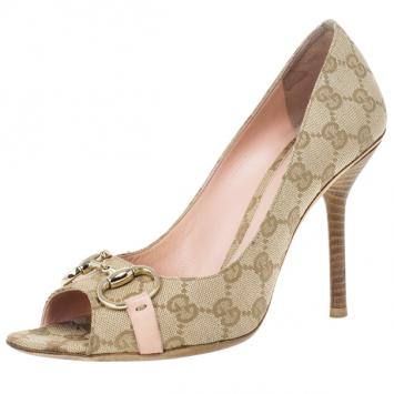Gucci Guccissima Canvas Horsebit Peep Toe Pumps Size 39