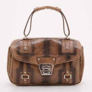 Salvatore Ferragamo Brown Lizard Embossed Top Handle Bag