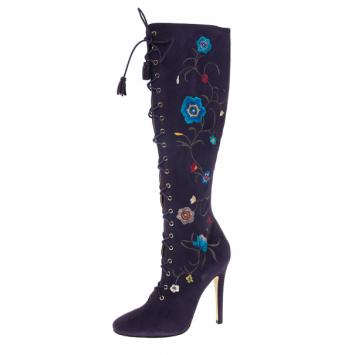 Jimmy Choo Purple Suede Floral Embroidered Colorado Knee Length Boots Size 38.5