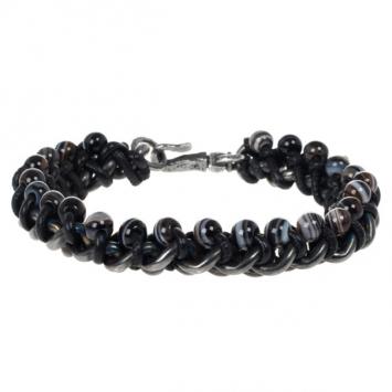Bottega Veneta Oxidised Silver and Tiger-Eye Beads Leather Bracelet Large