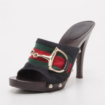 Gucci Black Monogram 'Icon Bit' High Heel Clogs Size 38.5