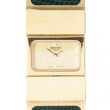 Hermes Gold Stainless Steel Green Loquet Bangle Women’s Wristwatch 20MM