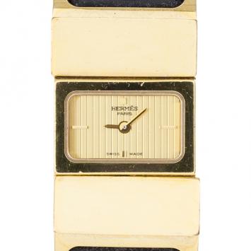 Hermes Gold Stainless Steel Black Loquet Bangle Women's Wristwatch 20MM