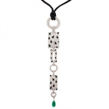 Cartier Panther Diamond and Onyx Pendant Necklace with Emerald Drop