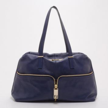Fendi Blue Leather Zip Front Pocket Satchel