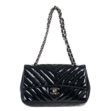 Chanel Black Surpique Chevron Medium Flap Bag