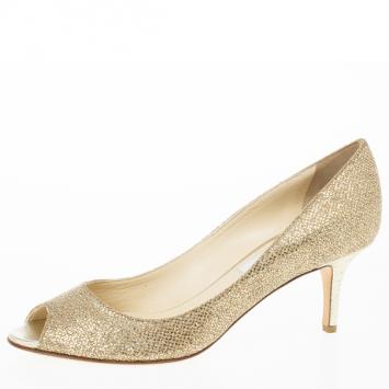 Jimmy Choo Gold Glitter Leather 'Isabel' Peep Toe Pumps Size 38
