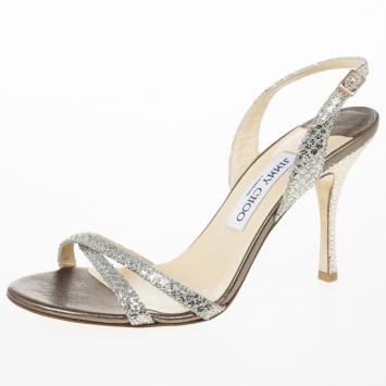 Jimmy Choo Silver India Glitter Slingback Sandals Size 38