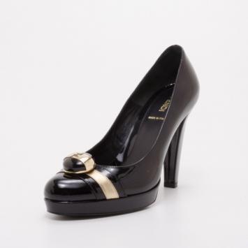 Fendi Button Detail Black and Gold Patent Pumps Size 38.5