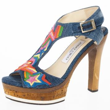 Jimmy Choo Multicolor Denim Platform Nixon Sandals Size 37