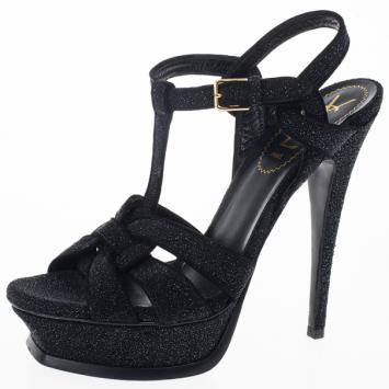 Saint Laurent Paris Black Glitter Platform Tribute Sandals Size 37