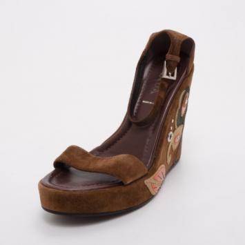 Prada Brown Suede Butterfly Embellished Platform Wedges Size 38