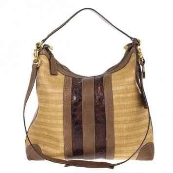 Gucci Straw And Crocodile Secret Medium Hobo