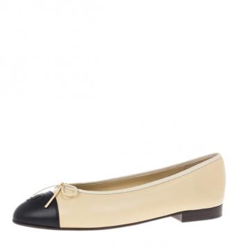 Chanel Beige Leather CC Cap Toe Ballet Flats Size 40.5