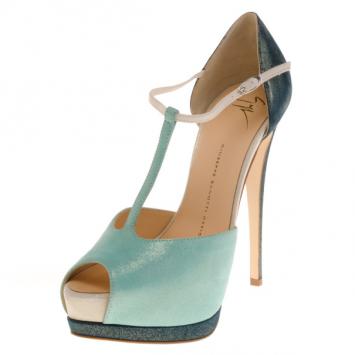 Giuseppe Zanotti Green Blue Shimmer T Strap D'orsay Pumps Size 38.5