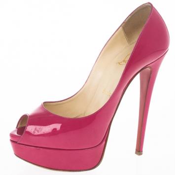 Christian Louboutin Pink Patent Lady Peep Toe Platform Pumps Size 37
