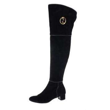 Gucci Black Suede GG Over The Knee Boots Size 37