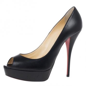 Christian Louboutin Black Leather Lady Peep Platform Pumps Size 41