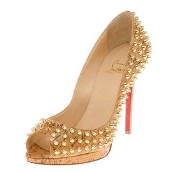 Christian Louboutin Yolanda Cork Patent Spike Peep Toe Pumps Size 40