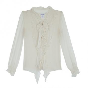 Oscar de la Renta White Front Ruffle Chiffon Top S