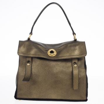 Saint Laurent Paris Brown Pony Hair Embossed Leather "Muse Two" Top Handle