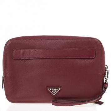 Pre Owned Prada Maroon Saffiano Travel Clutch
