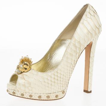 Alexander McQueen Python Pearl Skull Studded Peep Toe Pumps Size 39