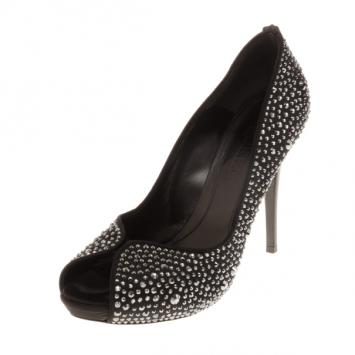 Alexander McQueen Black Satin Studded Open Toe Pumps Size 39.5