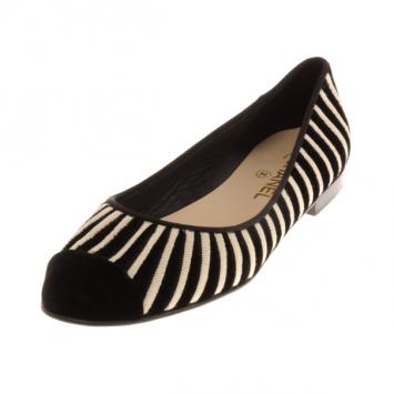 Chanel Black Velvet Striped Ballet Flats Size 39.5