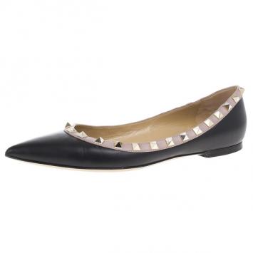 Valentino Black Leather Rockstud Flat Ballet Flats Size 38