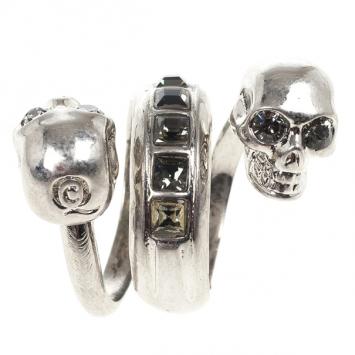 Alexander McQueen Spiral Twin Skull With Black Crystals Ring Size 53