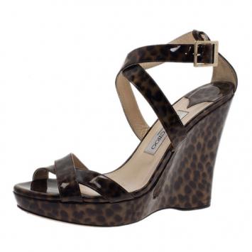 Jimmy Choo Leopard Print Criss Cross Ankle Strap Wedge Sandals Size 40