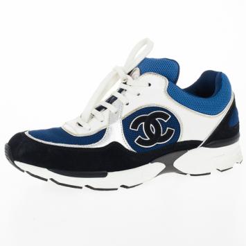 Chanel Black, White & Blue Lace Up Sneakers Size 38.5