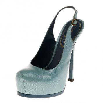 Saint Laurent Paris Light Blue Patent Tribtoo Slingback Sandals Size 36