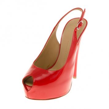 Giuseppe Zanotti Coral Patent Leather 'Monro 105' Platform Peep Toe Slingback Sandals Size 36.5