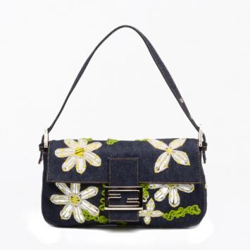 Fendi Daisy Embroidered Denim Baguette 