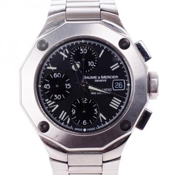 Pre Owned Baume & Mercier Black Stainless Steel Riviera Chronograph Men's Wristwatch 40 MM