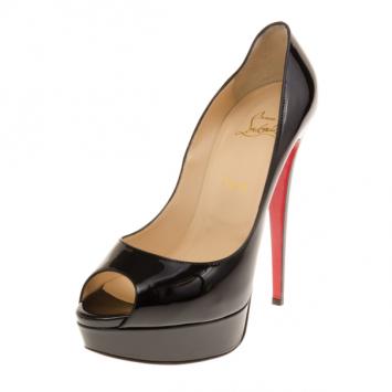 Christian Louboutin Black Patent Lady Peep Toe Platform Pumps Size 40