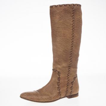 Gucci Brown Woven Whipstitched Leather 'Janis' Flat Boots Size 39.5