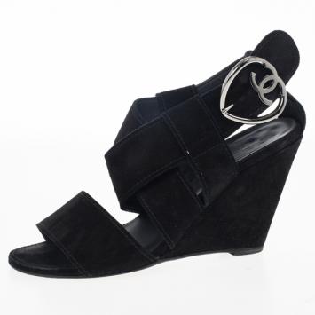 Chanel Black Suede Heart "CC" Buckle Wedge Sandals Size 38.5